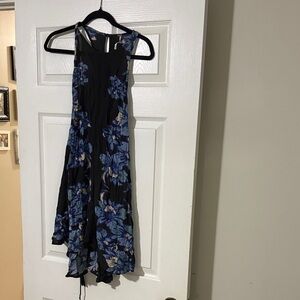 Free People Black Mini Dress with Blue Floral Print and racerback detail